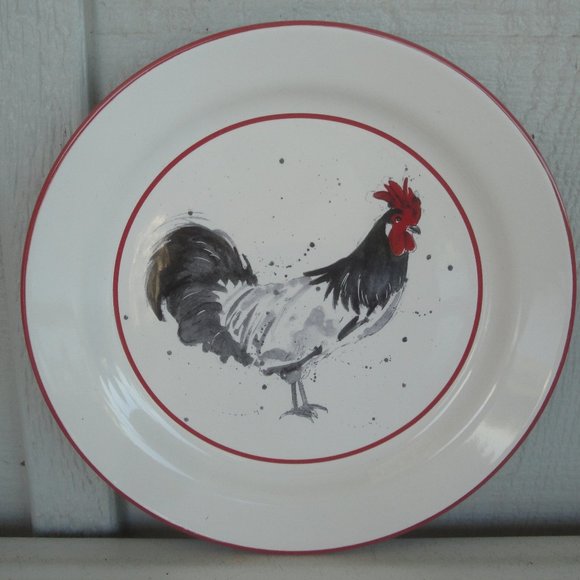 Chicken Coop 8 inch Salad Plate with Rooster Motif and red trim - Picture 1 of 6